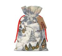 Snow Covered Village Town Printed Christmas Drawstring Bags,S | Reusable Xmas Gift Storage Bags, Red Christmas Ribbon