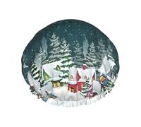 Snow Covered Village Town Printed Double-Layer Shower Cap, Reusable Shower Cap, Suitable For Various Hair Lengths