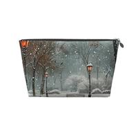 Snow Falling in The Park Printed Toiletry Bag for Women Girl Portable Travel Cosmetic Bag Leather Makeup Pouch Organizer with Silver Zipper