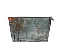 Snow Falling in The Park Printed Toiletry Bag for Women Girl Portable Travel Cosmetic Bag Leather Makeup Pouch Organizer with Gold Zipper
