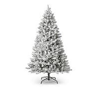 Snow Flocked Hinged Christmas Tree,Full Xmas Tree Festival Decor,Classic Unlit Artificial Christmas Pine Tree With Metal Stand Dense Branch Tips-White 210cm/7ft