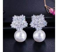 Snow Flower Design Women Big Drop White Pearl Earrings With Cubic Zirconia Christmas Gift