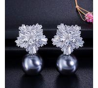 Snow Flower Design Women Big Drop White Pearl Earrings With Cubic Zirconia Christmas Gift