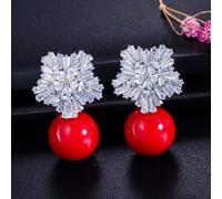 Snow Flower Design Women Big Drop White Pearl Earrings With Cubic Zirconia Christmas Gift