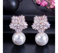 Snow Flower Design Women Big Drop White Pearl Earrings With Cubic Zirconia Christmas Gift