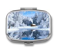 Snow Forest Cabin Pill Box 2 Compartments Portable Travel Pill Case Mini Medicine Organizer for Pocket Purse Metal Waterproof Medicine Container Holder Vitamin Fish Oil