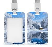 Snow Forest Cabin Sliding Id Badge Holder Heavy Duty Waterproof Badge Clip Plastic Key Card Work Holder Case Vertical Sleeve Pocket for Teacher Student