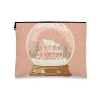 Snow Globe Cosmetic Bag, Vintage House Design Portable Makeup Pouch for Women, Small Canvas Zipper Organizer, Holiday Travel Toiletry Bag, Peach, 7x9 Inch, House