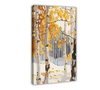 Snow In The Forest Oil Painting Canvas Poster Art Print Autumn Birch Trees Landscape Yellow Fall Leaves Wall Art Decor For Home Office
