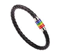 Snow Island Unisex Black Braided Leather Gay Pride Bracelet Bangle with Rainbow Striped Magnetic Clasp (Black+Silver)