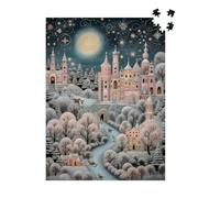 Snow Kissed Pastel Castle Wooden Jigsaw Puzzle 1000 Pieces: Secluded Folk Art Village, Charming Snowscape Fairy Tale Activity