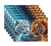 Snow Leopard Bengal Tiger Placemats Washable Set Of 2, 30 X 45 Cm Fabric Table Placemats, Fantasy Mystery Cotton Linen Heat Resistant Place Mats For Table, Kitchen, Dinning (Blue Orange)