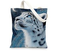 Snow Leopard Canvas Tote Bags, Artistic Wildlife Design Reusable Shopping Bags, Elegant Night Sky Lightweight Washable Canvas Bags for Gym Travel Outdoor 13x15 Inch