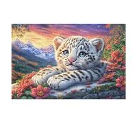 Snow Leopard Cub on Rock with Red Flowers 1000 Piece Jigsaw Puzzle for Adults Lunch Break Activity Quick Escape No Duplicate Pieces for Busy Professionals 1000 PCS