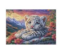 Snow Leopard Cub on Rock with Red Flowers 300 Pieces Jigsaw Puzzles For Men Educational Decompression Adults Anxiety Memory Care Mothers Valentines Gift Eco Friendly Material 300 PCS