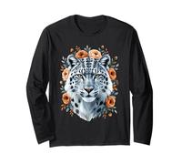 Snow Leopard Floral Wildlife Portrait Long Sleeve T-Shirt