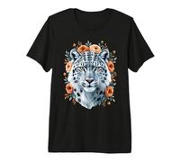Snow Leopard Floral Wildlife Portrait Premium T-Shirt