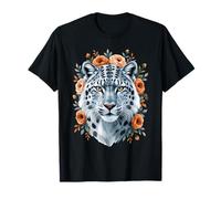 Snow Leopard Floral Wildlife Portrait T-Shirt