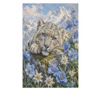 Snow Leopard in Blue Flowers Jigsaw Puzzle 1000 Pieces in Wood