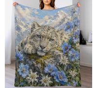 Snow Leopard in Blue Flowers Throw Blanket Warm Flannel Reading Nook
