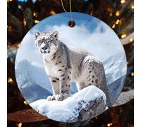 Snow Leopard Mountain Ceramic Christmas Ornaments - 4 Pcs Rustic Round Xma Tree Decor with Hanging String, Personalized Vintage Double-Sided Holiday Party Decorations for Xmas Gifts
