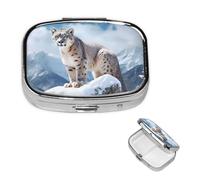 Snow Leopard Mountain Pill Box 2 Compartment Square Portable Pill Case for Pocket or Purse Pill Holder Weekly Pill Organizer Decorative Metal Medicine Vitamin Organizer Travel Gift