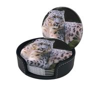 Snow Leopard Print Coasters For Drinks With Holder Set Of 6, Pu Leather Coasters Drink Coasters Cup Pad Mats