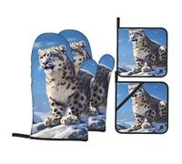 Snow Leopard Printing Kitchen Baking Four-Piece Set - Insulated Oven Mitt and Pot Holders for Thick and Durable Anti-Scalding Protection