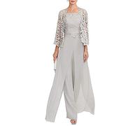 Snow Lotus Women's Long Three Pieces Chiffon Mother of The Bride Dress with Lace 3/4 Sleeve Formal Pants Prom Dress Silver Gray
