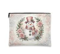 Snow Man And Peach Roses Winter Motif Makeup Bag 7x9 Inch | Peach Roses, Cosmetic Bag, Holly Leaves, Winter Floral, Elegant Snow Man, Zippered Organization, Travel Cosmetic Bag