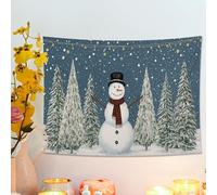 Snow Man and Pine Trees Winter Tapestry, Blue Decorative Wall Hanging, Festive Tapestries for Christmas, Cozy Living Room, Bedroom, Dorm Decor 48x36 Inch