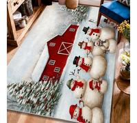 Snow Man Area Rug, Winter Festive Barn Tree Christmas Red Low Pile Edge Binding Home Rectangle Carpet Rugs for Living Room Bedroom College Dorm Kitchen Decor 4' X 6'