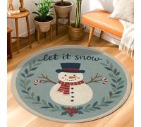 Snow Man Area Rug, Winter Festive Candy Cane Leaves Winter Blue Low Pile Doormat Round Throw Rug Stain Resistant Entryway Bathroom Kitchen Doorway Decor 3' X 3'
