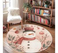 Snow Man Area Rug, Winter Festive Christmas Ornaments Holly Leaves Christmas Red Low Pile Round Doormat Throw Rug Edge Binding Entryway Bathroom Laundry Room Bedside Decor 4' X 4'