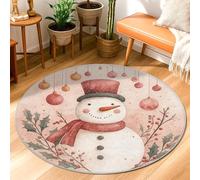 Snow Man Area Rug, Winter Festive Christmas Ornaments Holly Leaves Christmas Red Non-Slip Backing Edge Binding Doormat Throw Rug Circle Bathroom Entryway Bedside Doorway Decor 3' X 3'