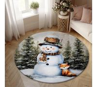 Snow Man Area Rug, Winter Festive Fox Trees Winter White Non-Slip Aesthetic Circle Home Floor Carpet Rugs for Living Room Bedroom Under Bed Apartment Decor 5' X 5'