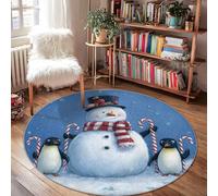Snow Man Area Rug, Winter Festive Penguin Candy Cane Christmas Blue Low Pile Edge Binding Doormat Throw Rug Circle Bathroom Laundry Room Kitchen Entryway Decor 4' X 4'