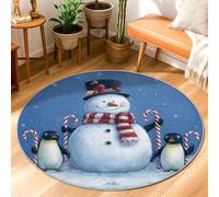Snow Man Area Rug, Winter Festive Penguin Candy Cane Christmas Blue Low Pile Edge Binding Doormat Throw Rug Circle Bathroom Entryway Bedside Doorway Decor 3' X 3'