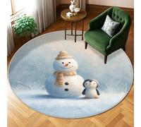 Snow Man Area Rug, Winter Playful Penguin Scarf Winter White Low Pile Edge Binding Home Circle Carpet Rugs for Living Room Bedroom Dining Desk Office Decor 6' X 6'