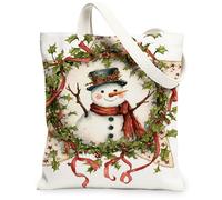 Snow Man Canvas Tote Bag, Holiday Design Reusable Grocery Bags, Cozy Lightweight Washable Shoulder Strap Canvas Bags for Travel Beach Picnic 13x15 Inch