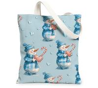 Snow Man Canvas Tote Bags, Cute Snow Man Heart Pattern Reusable Shopping Bags, Fun Fanciful Lightweight Washable Shoulder Strap Canvas for Daily Use 13x15 Inch