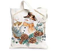 Snow Man Canvas Tote Bags, Cute Winter Holiday Design Reusable Shopping Bags, Rustic Festive Cotton Lightweight Washable Shoulder Tote for Travel Beach Picnic 13x15 Inch