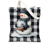 Snow Man Canvas Tote Bags, Cute Winter Holiday Pattern Reusable Shopping Bags, Cozy Festive Lightweight Washable Shoulder Strap Canvas for Gym Outdoor Travel Picnic 13x15 Inch