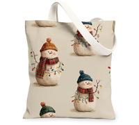 Snow Man Canvas Tote Bags, Cute Winter Snow Man Pattern Reusable Shopping Bags, Cozy Festive Lightweight Washable Shoulder, Beige, 13x15 Inch
