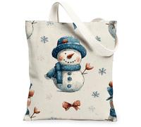 Snow Man Canvas Tote Bags, Cute Winter Snowflake Design Reusable Shopping Bags, Festive Holiday Lightweight Washable Shoulder Strap Canvas for Gym Travel Picnic 13x15 Inch