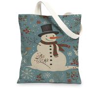 Snow Man Canvas Tote Bags, Festive Holiday Pattern Reusable Shopping Bags, Charming Winter Floral Lightweight Washable Shou, Blue, 13x15 Inch