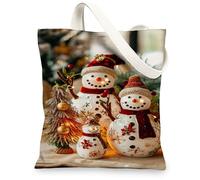Snow Man Canvas Tote Bags, Festive Winter Holiday Pattern Reusable Shopping Bags, Cute Cozy Lightweight Washable Shoulder S, White, 13x15 Inch