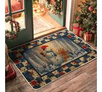 Snow Man Door Mat, Christmas Festive Gingerbread Pine Trees Xmas Blue Washable Low Profile Under Doormat Rug Outdoor Decor for Front Door Entryway Patio 29x17 Inch