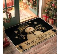 Snow Man Door Mat, Christmas Festive Snowflakes Holly Xmas Black Washable Low Profile Welcome Entry Mat Home Decor for Entryway Outdoor Porch Balcony 29x17 Inch
