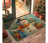 Snow Man Door Mat, Winter Festive Flowers Scarf Winter Blue Washable Low Profile Welcome Entry Mat Home Decor for Entryway Outdoor Porch Balcony 29x17 Inch